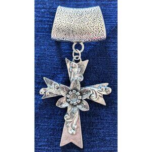 Pewter Maltese Cross Scarf Slider Tube Pendant Silver Tone Floral Hammered 4*2"